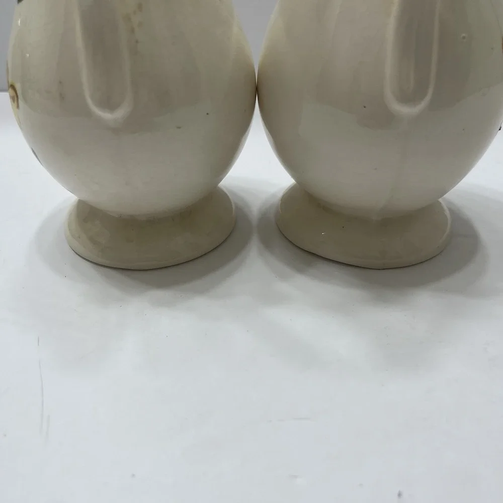 Vintage Off-White Floral Vases Set Of 2 Yellow Flowers Signed 1964 Ceramic